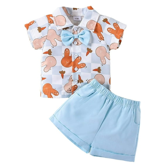 Quealent Baby Boys Easter Shorts Set Short-Sleeve Button Shirt and Shorts 2 Piece Bunny Carrot Print Easter Holiday Outfit Blue for Size 2-3 Years