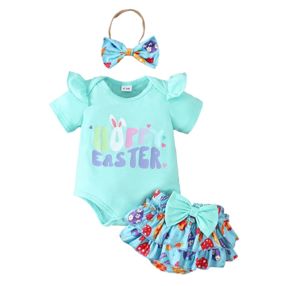 Quealent Baby Girl Clothes,Girl Summer Outfit Romper Sets Ruffle Short Sleeve Top+Shorts+ Bow Hairband 3Pcs Set Light Blue for Size 6-12 Months