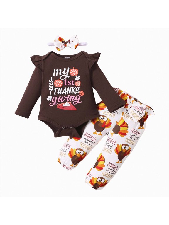Baby Girl My First Thanksgiving Outfit Set Baby Clothes Girl Turkey Outfits (Brown, 6-12 Months)