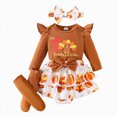 thumbnail image 1 of Quealent Baby Girl My First Thanksgiving Outfit Turkey Romper Ruffle Layered Shorts Headband Socks Cute Fall Clothes (Coffee, 0-3 Months), 1 of 9