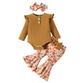 thumbnail image 1 of Quealent Baby Girl Summer 2024 Fashion Toddler Baby Girl Birthday Outfit Romper Shirts Flower Bell Bottoms Headband Boho Clothes Brown,12-18 Months, 1 of 5