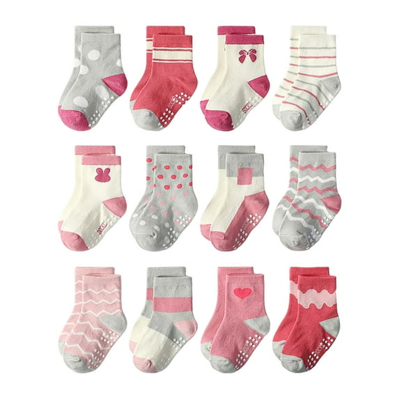 Quealent Baby Girls Boys Toddlers Kids Grips Socks 12 Pairs Non Slip Anti Skid Ankle No Show Funny Cotton Socks with Grippers J for Size 0-1 Years