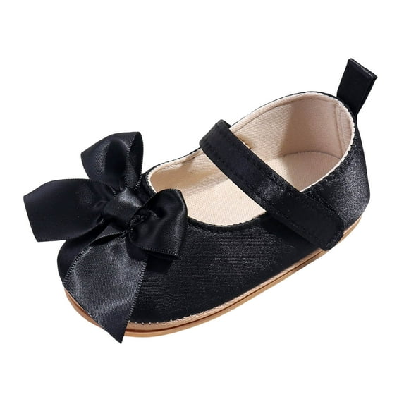 Quealent Baby Girls Mary Jane Shoes First Walker Cirb Dress Shoes with Bownot Non Slip Soft Sole PU Leather Toddler Black for Size 4