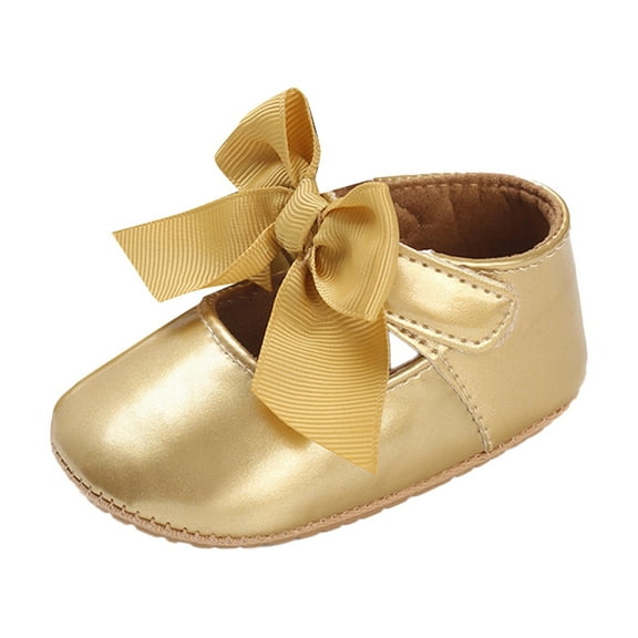Quealent Baby Mary Jane Flats for Girls with Bowknot Cotton Anti Skid Sole Infant First Walker Princess Dress Crib Wedding Shoes Gold for Size 12