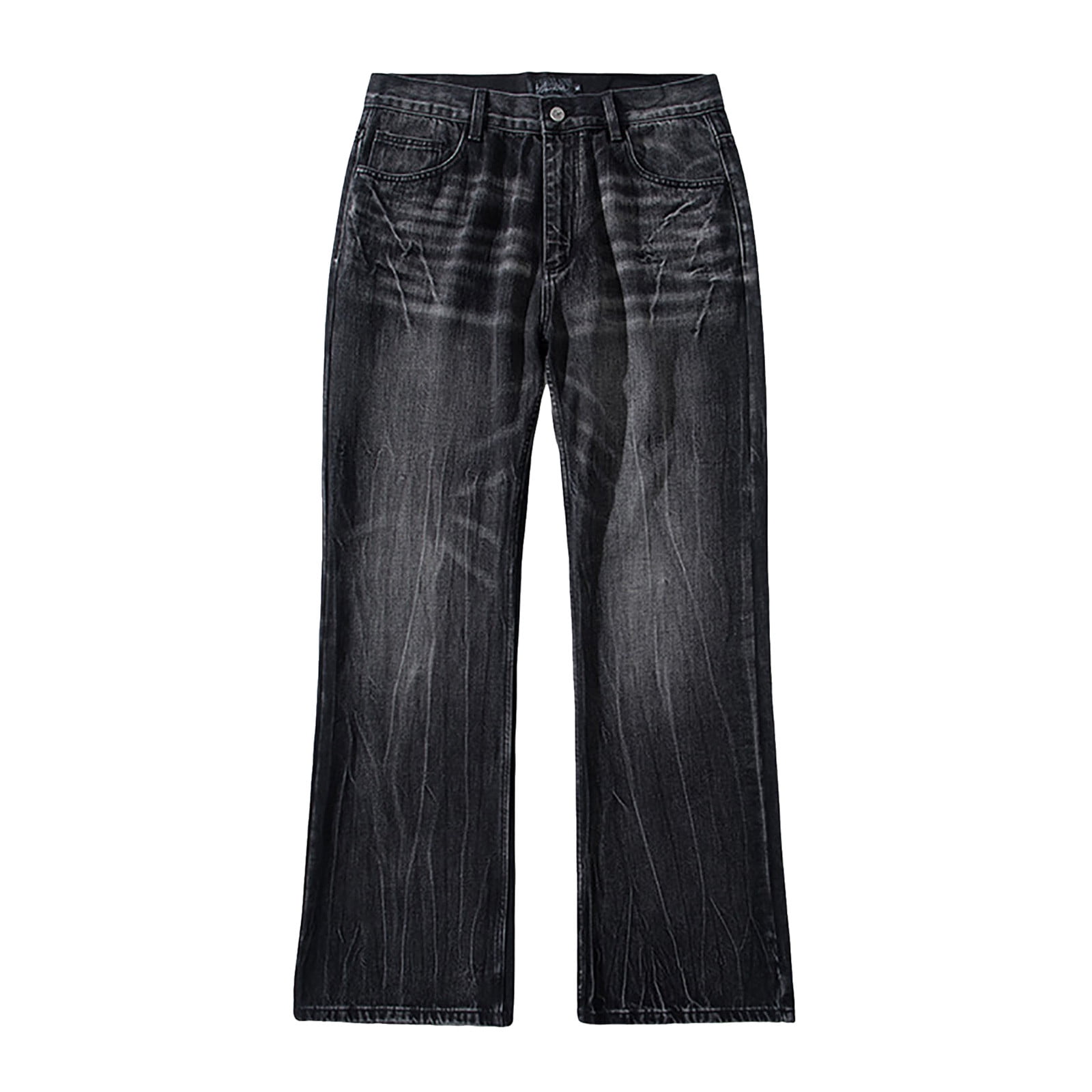 【U LAN】Zach Black Damage Wide Denim Quealent Baggy Ripped Jeans for Men Y2k Mid Rise Distressed