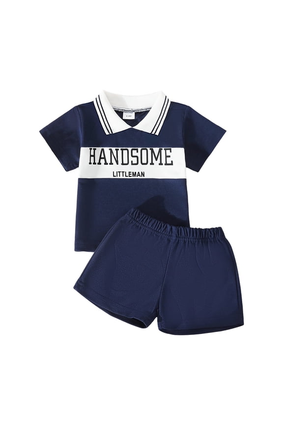 Boys 2 Piece Summer Holiday Outfits Handsome Littleman Letter Printed Henley Shirts and Shorts Set Casual Vacation Clothes for Kids (Dark Blue, 12-18 Months)