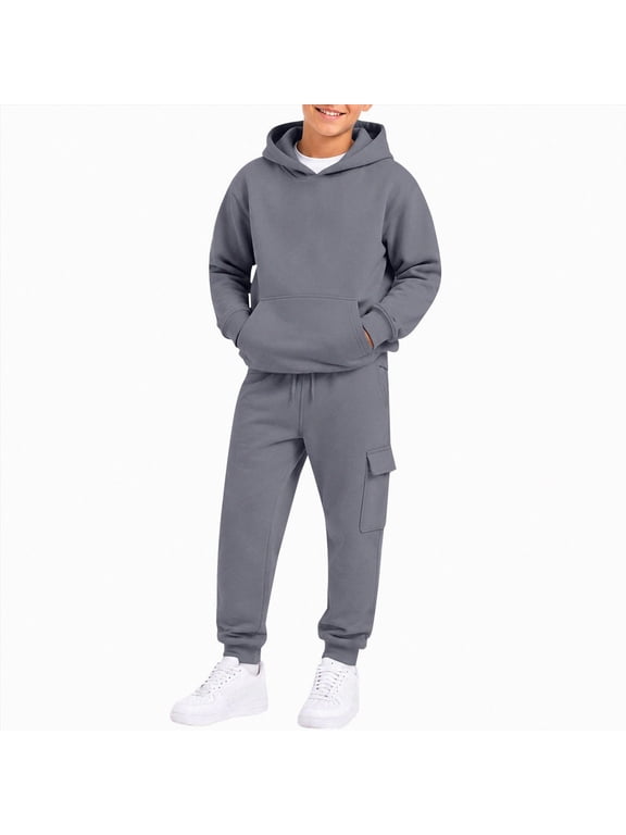 Boys Outfit Set - 2 Piece Soft Pullover Hoodies and Athletic Cargo Jogger Sweatpants for Kid (Grey, 11-12 Years)