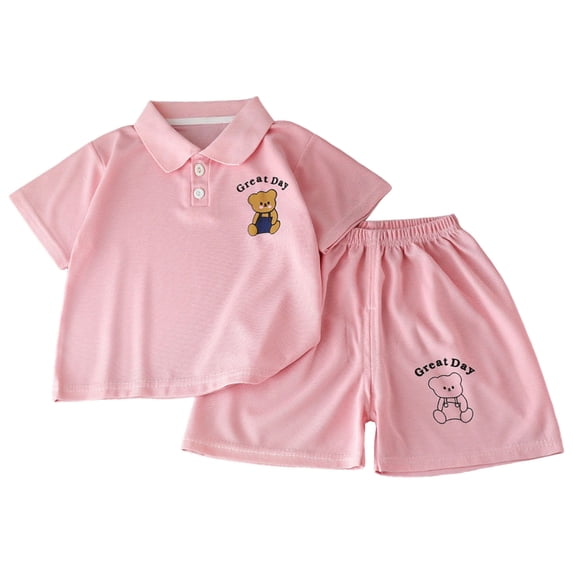 Quealent Boys' Outfit Sets Henley T Shirts with Short Air Conditioned Clothing Cartoon Printed 2PC Sets for Kid (Pink, 18-24 Months)