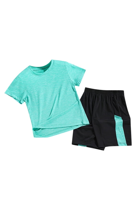 Boys Short Sets Athletic 2 Piece Summer Outfits With Pockets Quick Dry Lightweight Heather Sports Sets Youth Green for Size 6-7 Years