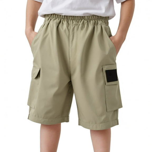 Quealent Boys Shorts Kids High Waisted Cargo Shorts Summer Casual Shorts with Pockets Amry Green for 7-8 Years
