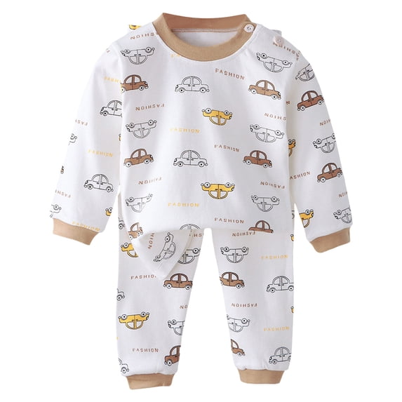 Quealent Boys' Snug Fit Cartoon Print Cotton Short Sleeve Top and Pants 2 Piece Pajama Set (Coffee, 3-4 Years)
