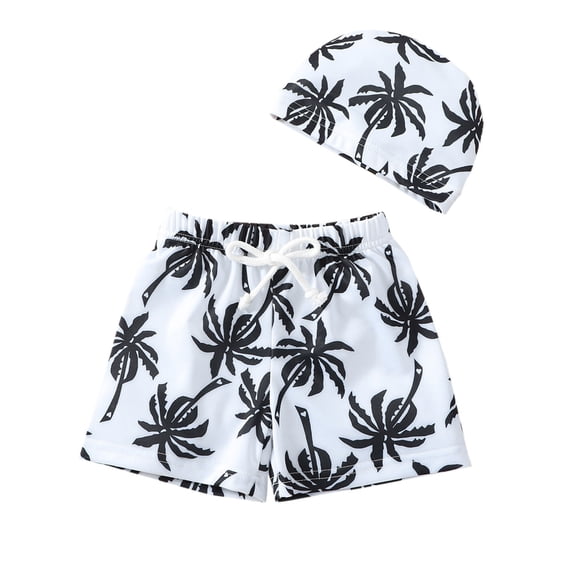Quealent Boys' Swim Trunks Printed Board Shorts Bathing Suit Printed Beachwear White,12-18 Months