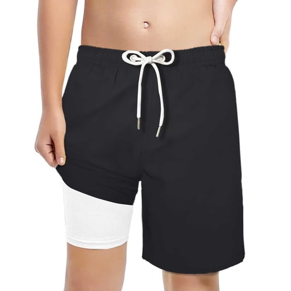 Quealent Boys Swim Trunks with Compression Liner Comfortable Anti-Chafe Swimming Shorts Stretchy UPF Quick Dry Size 3T-20 (Black, 5-6 Years)