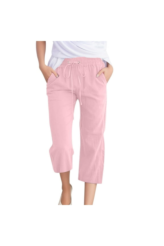 Capri Pants for Women Linen Pants High Waist Wide Leg Pants Lightweight Comforts Summer Capri Pants Vacation Outfits for Women Girls Pink,M