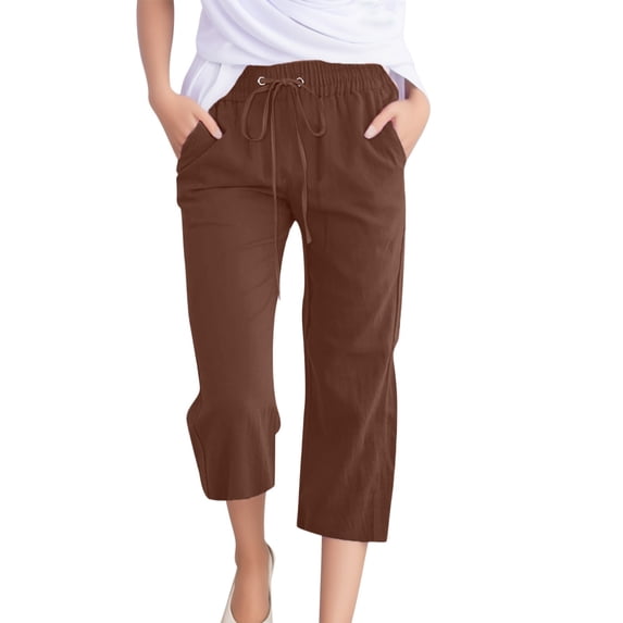 Quealent Capris for Women's Linen Casual High Waist Wide Leg Straight Dress Cotton Linen Pants Button Trousers Brown,2XL