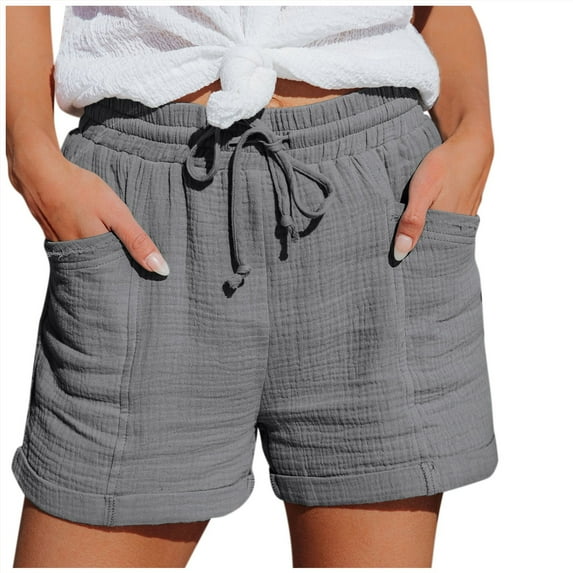 Quealent Casual Shorts for Women Linen Shorts for Women 2024 Shorts for Women Trendy 2024 Casual Summer Drawstring Shorts with Pockets Beach Loose Vacation Clothes Grey,XX-Large