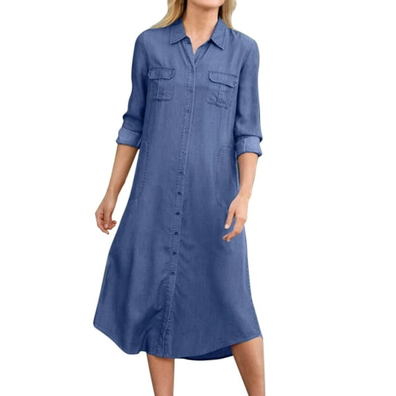 Quealent Casual Summer Dress Dresses Fashion Summer V Neck 3/4 Sleeve Loose Long Maxi Pleated Dress Cowboy Tie Midi Denim Women Dress Light Blue XL