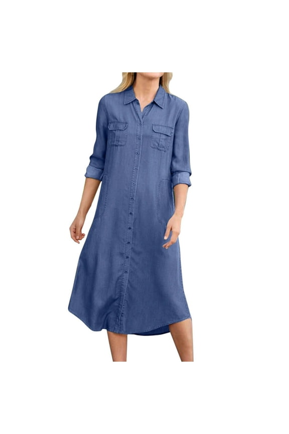 Casual Summer Dress Dresses Fashion Summer V Neck 3/4 Sleeve Loose Long Maxi Pleated Dress Cowboy Tie Midi Denim Women Dress Light Blue XL