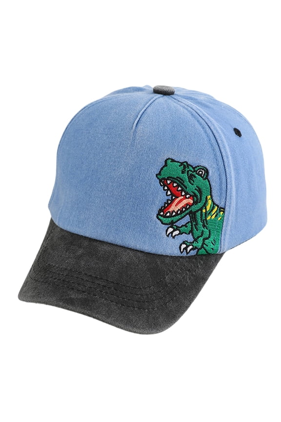 Children's Dinosaur Embroidered Baseball Cap Boys Girls Washed Cotton Two-Tone Tyrannosaurus Rex Hat (Blue, 3-8 Years)