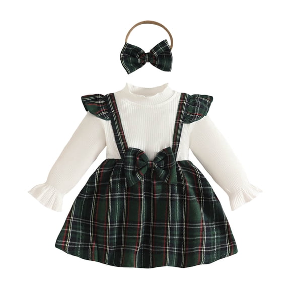 Quealent Christmas Toddler Girl Plaid Dress Long Sleeve Bow Patchwork Rib Ruffled Shirts Dress Baby Xmas Outfit (Dark Green, 6-9 Months)