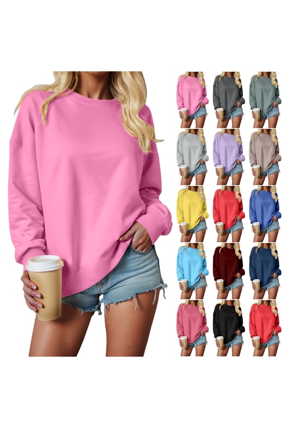 Crewneck Sweatshirts for Women Pullover Long Sleeve High Low Side Split Hem Basic Fall Fashion Sweatshirt Top Hot Pink for Size 3XL