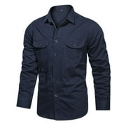 Quealent Fleece Lined Washed Canvas Shirt Jackets For Men (Dark Blue,L)