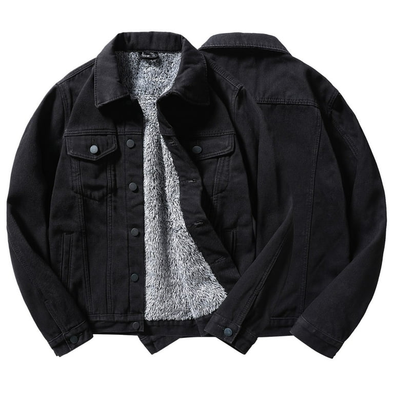 Quealent Foundry Big and Tall Jacket Retro Casual Lapel Long Sleeve Tooling  Jacket Thickening Warm Denim Multi Pockets Denim Men Coat Black XL