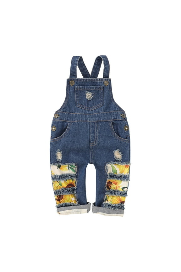 Girl Bloomers Summer Sunflower Print Patchwork Ripped Denim Overalls Long Pants Youth Girls Softball Denim Girls Pants Blue 18-24 Months