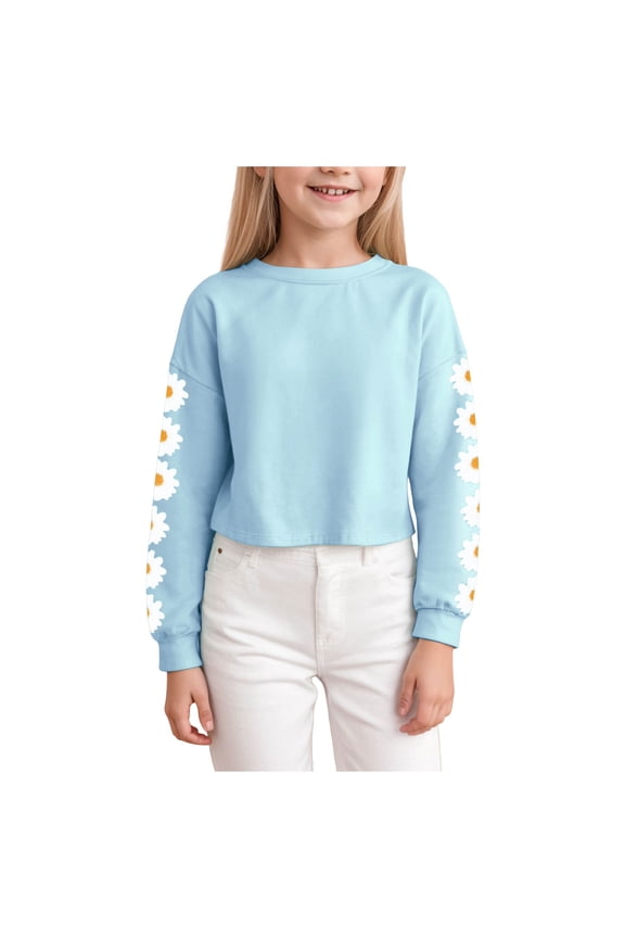Girl's Casual Long Sleeve Raw Hem Pullover Crop Tops Sweatshirts (Light Blue, 12-13 Years)