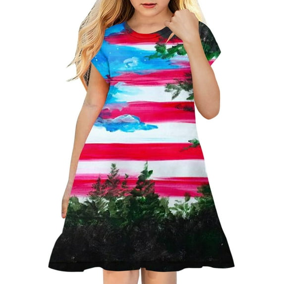 Quealent Girl's Fourth of July American Flag Dress Stars Stripes Swing Midi Dress Independence Day Dress for Girls Purple,5-6 Years