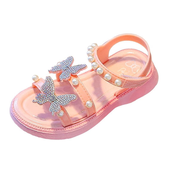 Quealent Girl's Sandals Butterfly Clear Rhinestone Glitter Ankle Strap Flat Sandals Summer Beach Vacation Sandal Pink for Size 1.5