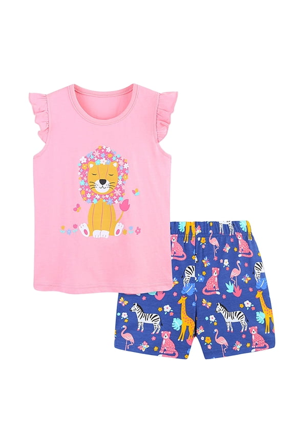 Girls 2-Piece Outfi Cotton Ruffle Sleeve Giraffe Print T-Shirt & Shorts Set Kids Summer Clothes (Pink, 7-8 Years)