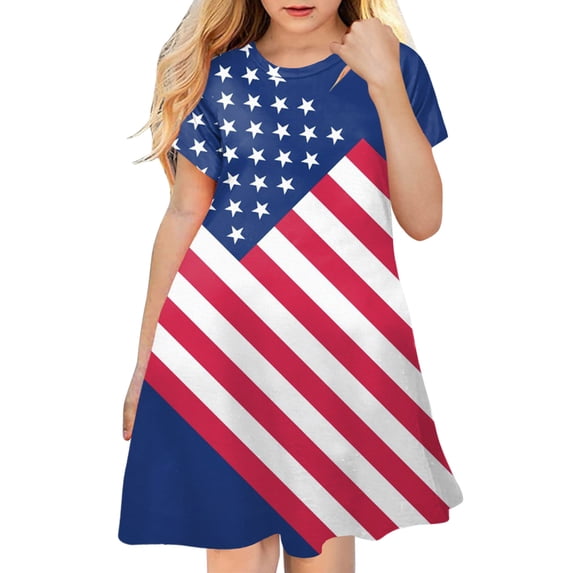 Quealent Girls 4th of July Dress Girls Dresses Summer Swing Short Sleeve Casual Clothes for Little Kids Sundress Independence Day Dress Blue,4-5 Years