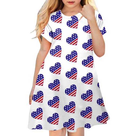 Quealent Girls 4th of July Dress Girls Dresses Summer Swing Short Sleeve Casual Clothes for Little Kids Sundress Independence Day Dress White,6-7 Years