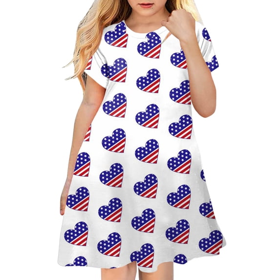 Quealent Girls 4th of July Dress Girls Dresses Summer Swing Short Sleeve Casual Clothes for Little Kids Sundress Independence Day Dress White,6-7 Years