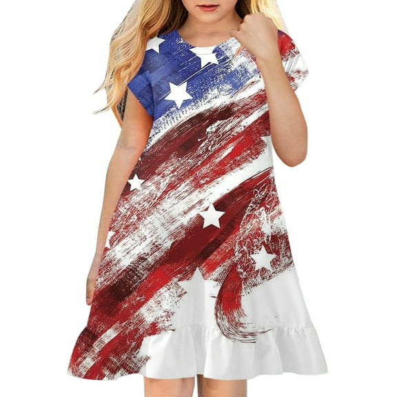 Quealent Girls 4th of July Dress Amercian Flag Independence Day Midi Dress Independence Day Dress Hot Pink,10-12 Years