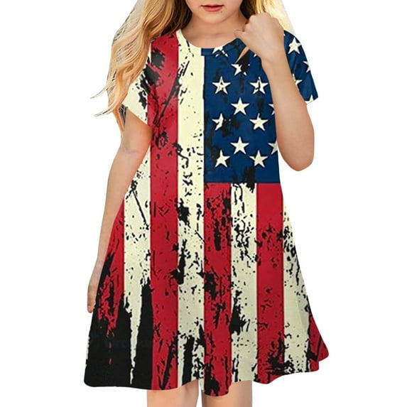 Quealent Girls 4th of July Dress Toddler Girl American Flag Dresses Patriotic Clothes Independence Day Outfits Pink,3-4 Years
