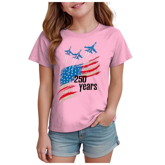 Quealent Girls 4th of July Shirt USA T-Shirt for Kids American Flag Shirt 250 Years of Freedom Short-Sleeved Top (Pink, 5-6 Years)