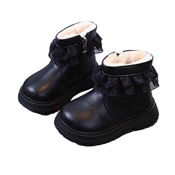Quealent Girls Ankle Boots Kids Chelsea Booties Side Zipper Comfortable Slip on Lug Sole Low Heel Fall Boot Fur Lined Warm Winter Shoes for Toddler Little Kid Black for Size 11.5