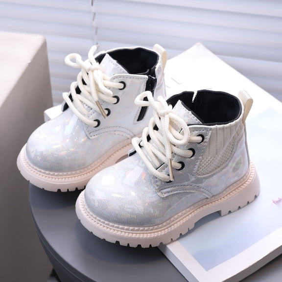 Quealent Girls Boots Combat Ankle Booties Waterproof Outdoor Shoes Solid Color Lace Up Side Zipper Comfort Ankle Boots For Winter Warm Booties Beige for Size 12