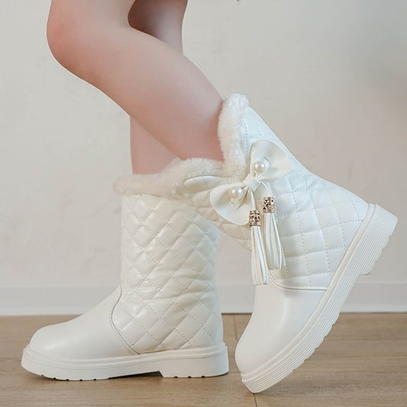 Quealent Girls Boots Winter Girls Snow Boots Thick Bottom Non Warm and Comfortable Solid Color Boots with Balls Toddler Boots White for Size 3