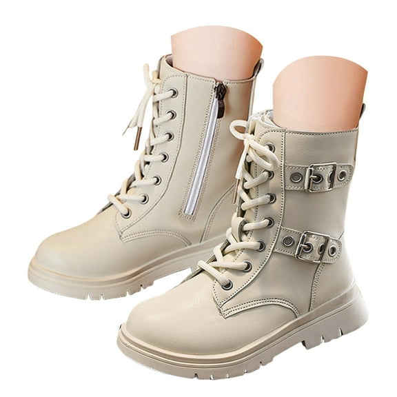 Quealent Girls Boys Ankle Boots Side Zipper Combat Shoes with Lace Up for Toddler/Little Kid/Big Kid Beige for Size 10.5
