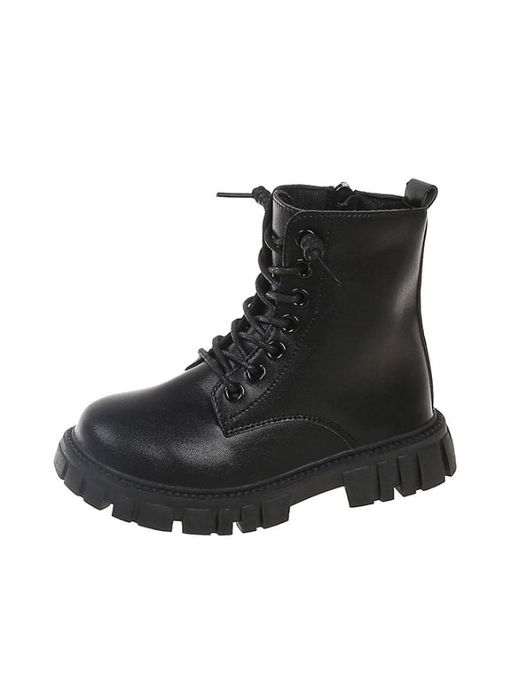 Girls Boys Combat Hiking Snow Boots Waterproof Non-Slip Fashion Work Ankle Boots with Lace Up Side Zipper for Little Big Kids Black for Size 2.5