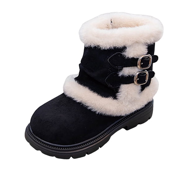 Quealent Girls Boys Winter Boots Faux Furry Lined Mid Calf Kids Snow Tall Shoes Fuzzy Kid's Buckle for Little Kid/Big Kid Black for Size 11