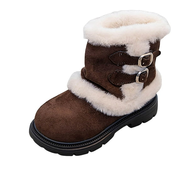 Quealent Girls Boys Winter Boots Faux Furry Lined Mid Calf Kids Snow Tall Shoes Fuzzy Kid's Buckle for Little Kid/Big Kid Coffee for Size 2