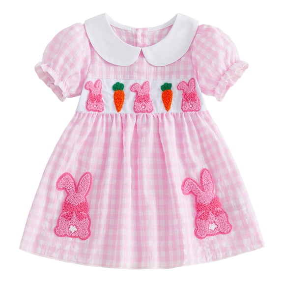 Quealent Girls Cotton Striped Dress Peter Pan Collar Short Sleeve Summer Casual Dress for Toddler Little Girls (Pink, 18-24 Months)