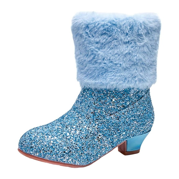 Quealent Girls Cowboy Boots, Glitter Cowgirl Boots with Fleece Linen, Sparkle Sequin Western Boot for Gilrs Toddler/Little Kid Party Birthday Blue for Size 2.5
