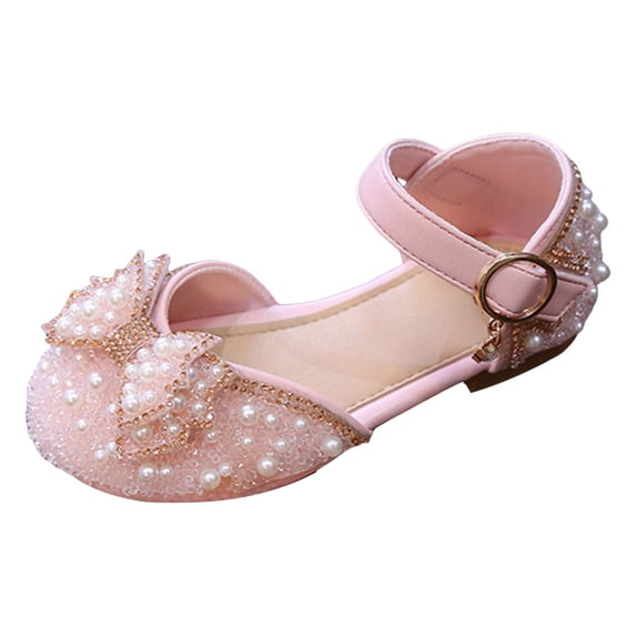 Quealent Girls Dress Shoes Closed Toe Low Heels Ankle Strap Pumps for Toddler Little Big Kid Flower Party Wedding Princess Pink for Size 8.5