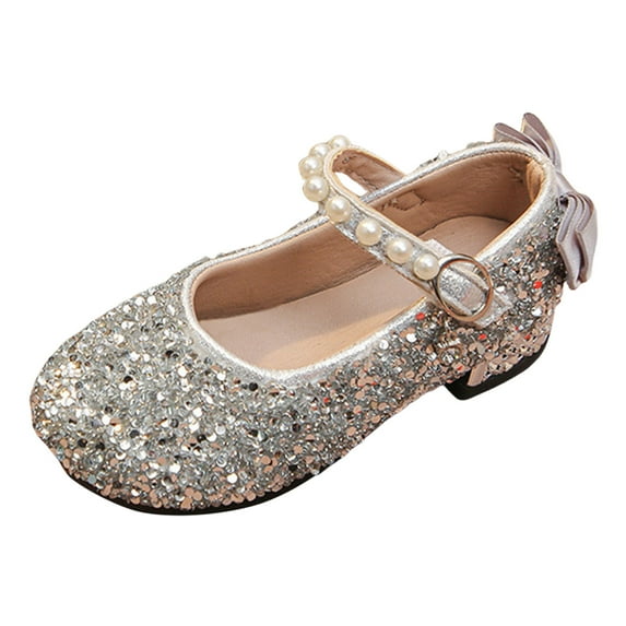 Quealent Girls Dress Shoes Mary Jane Flower Wedding Party Bridesmaids Shoes Glitter Princess Ballet Flats for Kid Toddler Silver for Size 10.5