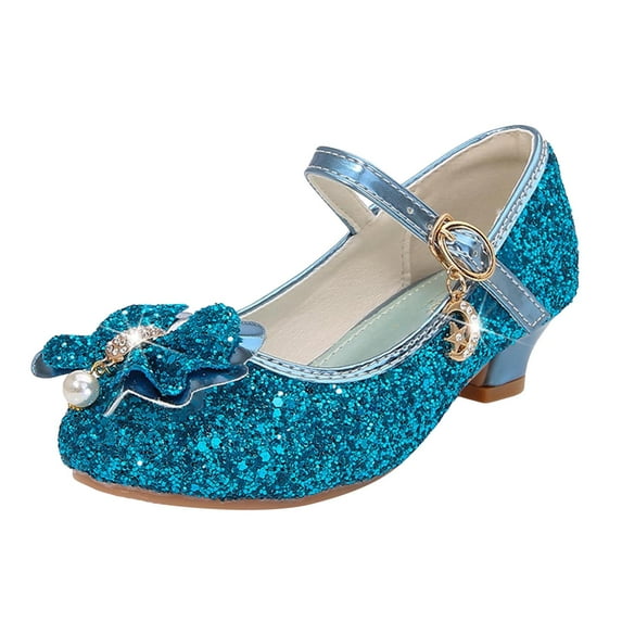 Quealent Girls Dress Shoes Wedding Party Heel Mary Jane Princess Flower Shoes (Toddler/Little Kid/Big Kid) Blue for Size 10.5